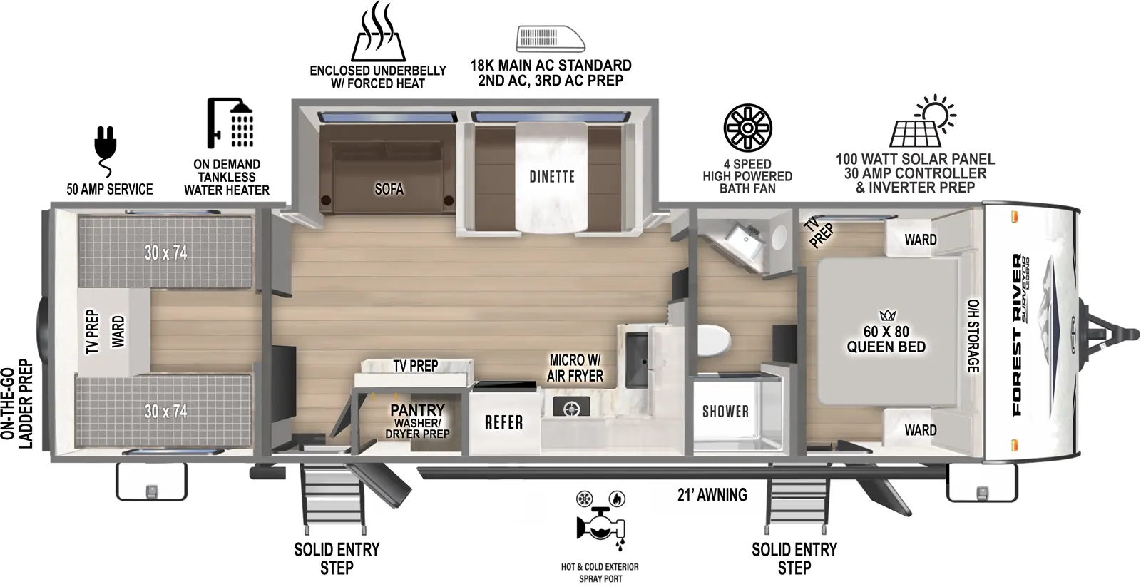 The Surveyor Legend X 29CAMP floorplan has one entry and one slide out. Exterior features include: fiberglass exterior and 21' awning. Interiors features include: bunk beds, front bedroom and pass through bathroom.